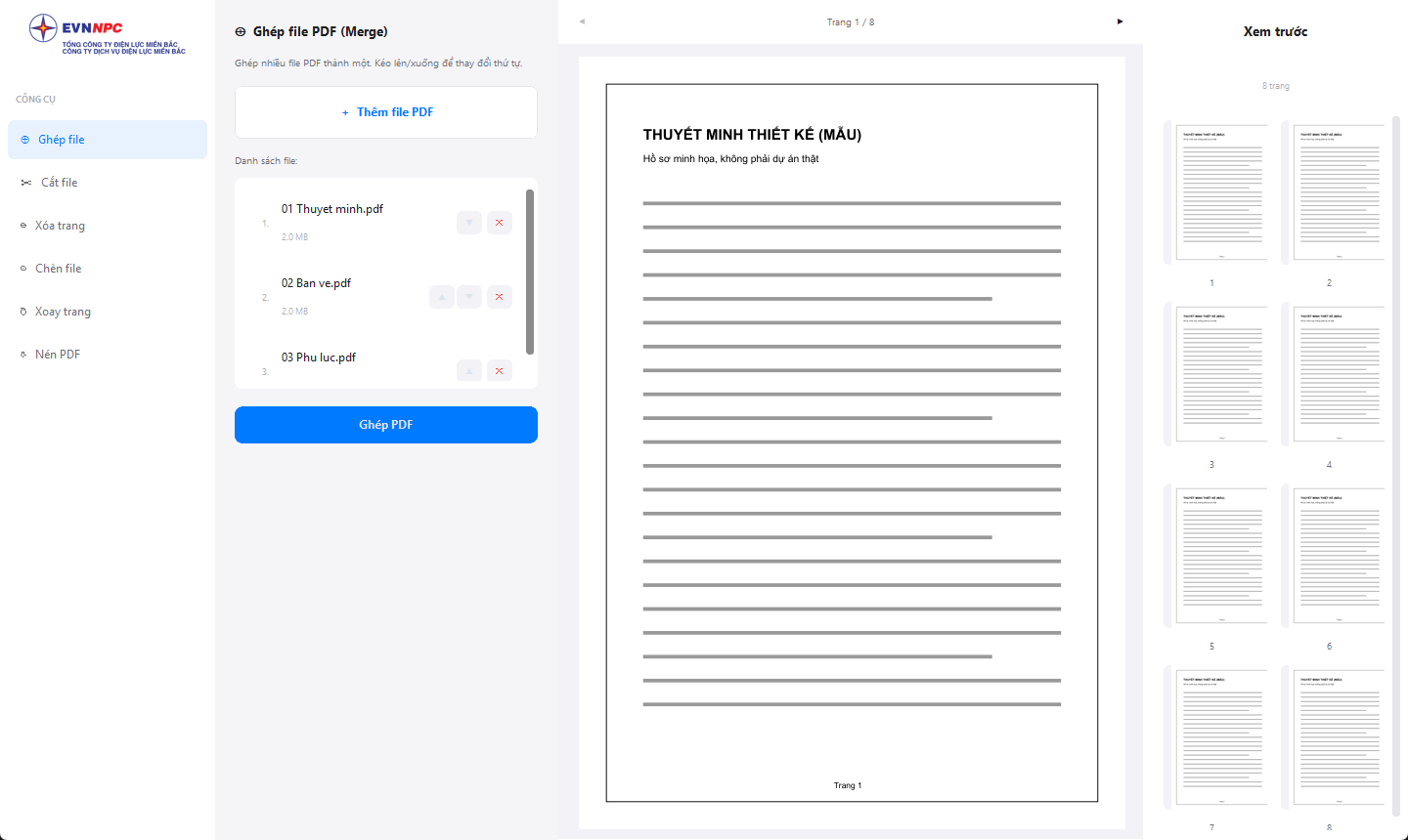 Màn hình Ghép file: danh sách 3 file thuyết minh, bản vẽ, phụ lục mẫu, khung xem trang và cột hình thu nhỏ