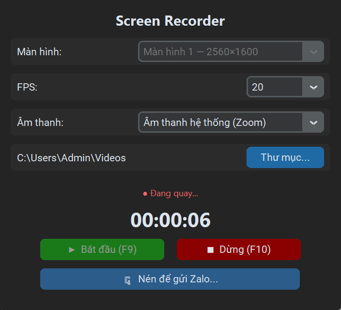 Cửa sổ Screen Recorder đang quay: trạng thái Đang quay, đồng hồ 00:00:06, âm thanh hệ thống
